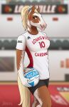  adidas anthro athlete ball blonde_hair bottomwear breasts brown_body brown_fur clothed clothing equid equine female fully_clothed fur gym gym_bottomwear gym_clothing gym_shorts hair hi_res horse inside jenery mammal ncaa ponytail shirt shorts smile solo sport t-shirt teeth topwear volleyball volleyball_(ball) volleyball_uniform 