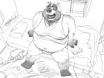  2022 anthro asian_clothing bed belly big_belly bulge canid canine clothing east_asian_clothing eyes_closed eyewear fundoshi furniture glasses humanoid_hands inside japanese_clothing kemono male mammal navel open_mouth overweight overweight_male raccoon_dog sitting solo tanuki underwear yamakake yawn 