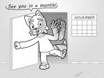  anthro calendar canid canine clothed clothing danfitz29 danny_tanuki dialogue door fully_clothed gesture looking_at_viewer male mammal meme monochrome no_nut_november raccoon_dog smile solo talking_to_viewer tanuki waving 