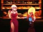  1boy 1girl alcohol bar_(place) barrel breasts choker cleavage cowboy_hat cup dress drinking_glass facial_hair grin hat height_difference highres hololive hololive_english holykoshi large_breasts looney_tunes mori_calliope mustache orange_hair pink_eyes pink_hair red_choker red_dress side_slit sidelocks smile strapless wine wine_glass yosemite_sam 