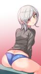  1girl black_shirt blue_panties blush closed_mouth commentary cougar_(cougar1404) crotch_seam from_behind frown gradient gradient_background grey_hair hair_over_one_eye long_sleeves looking_at_viewer looking_back no_pants original panties red_background shirt short_hair sitting solo t-shirt underwear yellow_eyes 
