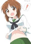  ... 1girl absurdres bangs black_neckerchief blouse blush brown_eyes brown_hair clothes_lift commentary cynical_(llcbluckg_c004) girls_und_panzer green_skirt highres lifted_by_self long_sleeves looking_at_viewer navel neckerchief nishizumi_miho ooarai_school_uniform open_mouth pleated_skirt sailor_collar school_uniform serafuku shirt shirt_lift short_hair simple_background skirt smile solo spoken_ellipsis twitter_username upper_body white_background white_sailor_collar white_shirt 