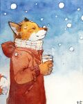  akatan_art anthro beverage canid canine closed_smile clothed clothing eyes_closed fox fur half-length_portrait hi_res holding_beverage holding_object jacket male mammal mouth_closed orange_body orange_fur portrait red_clothing red_jacket red_topwear scarf side_view simple_background snow snowing solo standing topwear traditional_media_(artwork) white_body white_fur 