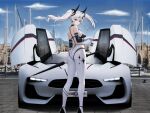  1girl absurdres alternate_costume azur_lane boat car character_name citroen closed_umbrella cloud cloudy_sky copyright_name day from_behind ground_vehicle gt_by_citroen harbor high_heels highres holding holding_umbrella joffre_(azur_lane) kcar66t license_plate location_request motor_vehicle product_placement race_queen sailboat sky sports_car twintails umbrella watercraft 