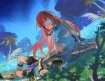  1boy 1girl bangs blunt_bangs closed_eyes cyno_(genshin_impact) genshin_impact grass harem_outfit highres kk_(kkgame7733) lake lap_pillow long_hair lying nature night night_sky nilou_(genshin_impact) on_back outdoors red_hair scenery sky sleeping smile tree water white_hair 