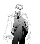  1boy expressionless feet_out_of_frame formal greyscale hands_in_pockets highres jacket jacket_removed jujutsu_kaisen lips looking_at_viewer ma2 male_focus monochrome nanami_kento pants pinstripe_pattern pinstripe_shirt shirt sitting solo striped suit sunglasses vest 