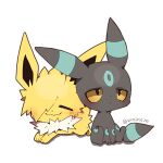  :/ alternate_color animal_focus artist_name bangs black_eyes blonde_hair blush brown_outline chibi closed_mouth colored_sclera commentary_request expressionless facial_mark forehead_mark full_body fur_collar hair_over_one_eye half-closed_eyes happy jitome jolteon light_blush looking_up lying no_humans on_stomach one_eye_covered partial_commentary pokemon pokemon_(creature) shiny_pokemon shira_(sirairo116) short_hair signature simple_background sitting smile twitter_username umbreon wavy_mouth white_background yellow_sclera 