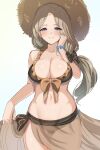  1girl bikini blonde_hair blue_eyes blush bow breasts closed_mouth fire_emblem fire_emblem:_three_houses fire_emblem_heroes hair_bow hat highres large_breasts long_hair looking_at_viewer mercedes_von_martritz navel sarong simple_background solo straw_hat swimsuit tadtadyajyaj 