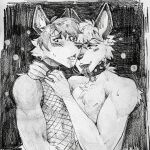  1:1 akatan_(character) akatan_art anthro anthro_on_anthro blush bodily_fluids canid cheek_tuft chest_tuft clothed clothing collar duo facial_tuft fishnet fishnet_clothing fishnet_topwear hair hi_res male mammal monochrome saliva saliva_string sex short_hair shoulder_tuft simple_background skimpy spiked_collar spikes tongue tongue_out topless topwear traditional_media_(artwork) tuft unsigned 