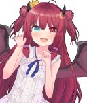  1girl :d ahoge blue_eyes blush claw_pose commentary_request crescent crescent_hair_ornament crown demon_girl demon_horns demon_wings double_bun dress fangs flat_chest hair_bobbles hair_bun hair_ornament heterochromia horns long_hair looking_at_viewer mini_crown nanamiya_natsumi nijisanji official_alternate_costume red_eyes red_hair sleeveless sleeveless_dress smile solo two_side_up upper_body virtual_youtuber wings yuzuki_roa 