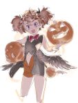  1girl bat_wings brown_hair cropped_legs curly_hair fangs halloween halloween_costume horns jack-o&#039;-lantern looking_at_viewer nishieda open_mouth original purple_eyes shorts simple_background twintails wings wrist_cuffs 