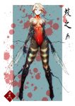  1girl antennae arthropod_girl black_skin blood blood_splatter border breasts colored_skin commentary_request full_body green_background grey_hair grey_skin highres insect_wings looking_at_viewer mabo9317 monster_girl mosquito_girl multicolored_skin navel original outside_border red_eyes red_skin short_hair sidelocks small_breasts solo translation_request white_border wings 