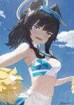  1girl animal_ears bangs bare_shoulders black_hair blue_archive blue_eyes blue_sky breasts cheerleader cloud commentary day dog_ears goggles goggles_on_head halo hibiki_(blue_archive) hibiki_(cheerleader)_(blue_archive) highres long_hair looking_at_viewer medium_breasts open_mouth outdoors pleated_skirt pom_pom_(cheerleading) sidelocks skirt sky solo symbol-only_commentary twitter_username wavy_mouth white_skirt zeradok 