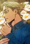  1boy blonde_hair blue_shirt collared_shirt flower goggles grmms_otk jujutsu_kaisen long_sleeves male_focus nanami_kento necktie parted_lips shirt short_hair solo undercut upper_body 