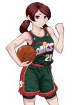  1girl bangs bare_arms bare_shoulders basketball basketball_uniform bike_shorts black_shorts brown_eyes brown_hair carrying carrying_under_arm clenched_hand closed_mouth collarbone commission green_shirt green_shorts hand_up long_hair looking_at_viewer low_twintails original rggr shirt short_shorts shorts shorts_under_shorts simple_background skeb_commission sleeveless sleeveless_shirt smile solo sportswear swept_bangs twintails white_background 