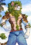  abs akatan_art anthro blue_bottomwear blue_clothing blue_pants bottomwear brown_body brown_fur bulge clothed clothing cloud fangs felid front_view fur green_eyes green_mane group lion male mammal mane muscular muscular_anthro muscular_male nipples outside pantherine pants pecs pink_nipples pink_nose portrait sky solo_focus standing striped_arms tail_tuft tan_body tan_fur three-quarter_portrait topless trio tuft unsigned 