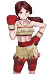  &gt;:) 1girl abs bangs bare_shoulders boxing_gloves breasts brown_eyes brown_hair brown_shorts closed_mouth collarbone commission crop_top flame_print long_hair looking_at_viewer low_twintails medium_breasts original parted_bangs print_shorts red_shorts rggr short_shorts shorts shorts_under_shorts simple_background skeb_commission smile solo twintails v-shaped_eyebrows white_background 