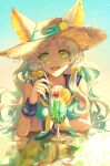  :d animal_ears bangs bow breasts cat_ears cherry day drink elbows_on_table food fruit green_eyes green_nails hair_bow hat hat_ornament highres kuina_(escapegoat) long_hair looking_at_viewer medium_breasts orange_(fruit) orange_slice original outdoors reflection sleeveless smile straw_hat summer sun_hat table white_hair wristband yellow_bow 