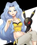  1girl bangs bare_arms bare_shoulders blue_eyes blue_hair breasts cleavage crop_top highres karen_(pokemon) long_hair midriff navel open_mouth pants parted_bangs pokemon pokemon_(creature) pokemon_(game) pokemon_hgss umbreon white_pants yellow_crop_top yuuki510510 