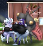 2022 absurd_res anthro areola arthropod big_breasts blues64 breasts changeling clothed clothing cutie_mark digital_media_(artwork) female fingers friendship_is_magic hasbro hi_res horn huge_breasts hyper hyper_breasts marauder6272 moonlight_raven_(mlp) my_little_pony night nipples open_mouth sitting uniform wings 