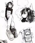  akatan_art anthro cigarette clothed clothing ear_piercing ear_ring eyelashes felid female footwear holding_object mammal monochrome mouth_closed narrowed_eyes piercing ring_piercing shoes side_view simple_background sitting sketch_page smoke smoking solo topwear unsigned 