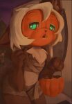  :o anthro asian_mythology bandage basket brown_body brown_fur chest_tuft container dragon east_asian_mythology eastern_dragon ensterart_(artist) female fur fur_markings fursy_(character) gesture glowing glowing_eyes halloween hi_res holidays humanoid markings mythology open_mouth pointing pointing_back pumpkin_head slim tuft 
