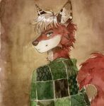  akatan_art anthro bust_portrait canid cheek_tuft closed_smile clothed clothing facial_tuft fur glistening glistening_hair green_clothing green_eyes green_topwear hair hi_res looking_at_viewer male mammal messy_hair mouth_closed neck_tuft portrait red_body red_fur short_hair simple_background solo striped_ears topwear tuft unsigned white_body white_fur white_hair 