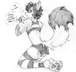  akatan_art anthro armwear blush bottomwear canid claws clothed clothing crossgender english_text hair hi_res inner_ear_fluff kneeling legwear male mammal messy_hair monochrome open_mouth pattern_armwear pattern_clothing pattern_legwear pattern_topwear pawpads short_hair simple_background skimpy solo speech_bubble striped_armwear striped_clothing striped_legwear striped_topwear stripes text toe_claws topwear tuft unsigned 
