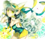  1girl animal_ears bangs blue_ribbon bow breasts cat_ears food fruit hair_bow hands_up hat hat_ornament kuina_(escapegoat) lemon lemon_slice looking_at_viewer medium_breasts original ribbon sailor_collar sideboob skirt sleeveless solo standing sun_hat tail wavy_hair white_background white_hair wrist_cuffs yellow_bow yellow_eyes yellow_skirt 