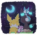  alternate_color animal_focus artist_name backlighting border commentary_request crescent_moon from_behind fur_collar glowing grass jolteon lying moon neon_trim night no_humans on_ground on_head on_stomach outdoors pachirisu partial_commentary pokemon pokemon_(creature) pokemon_on_head purple_sky rock shiny_pokemon shira_(sirairo116) shooting_star signature sitting sky star_(sky) starry_sky twitter_username umbreon white_border 
