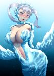  1girl :o black_clover blush breasts cleavage haryudanto large_breasts noelle_silva open_mouth pink_eyes restrained solo stomach tiara twintails underwater water white_hair 