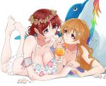  2girls bikini brown_hair cocktail commentary dolphin drink emma_verde flower flower_bikini food freckles fruit goat green_eyes hair_flower hair_ornament hairclip highres holding_hands inflatable_toy konoe_kanata long_hair looking_at_another love_live! love_live!_nijigasaki_high_school_idol_club monowe multiple_girls orange_(fruit) purple_eyes rainbow smile swimsuit symbol-only_commentary white_background yuri 