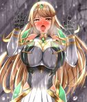  1girl absurdres against_wall artist_request blonde_hair blush breasts cleavage gem gloves hair_ornament headpiece heart heart-shaped_pupils highres jewelry large_breasts long_hair looking_at_viewer mythra_(xenoblade) naughty_face nintendo saliva solo symbol-shaped_pupils tears tiara tongue tongue_out xenoblade_chronicles_(series) xenoblade_chronicles_2 zanntetu 