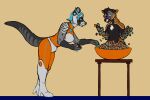  anthro blue_hair boots bowl candy canid canine cassidy_civet civet clothing container dessert doja_cat duo female fetishame food footwear fox hair halloween hi_res holidays male male/female mammal markings orange_jumpsuit striped_markings striped_tail stripes tail_markings transformation trick_or_treat viverrid 