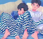  2boys 9bmmnn barefoot black_hair blanket blue_eyes blue_sweater closed_eyes expressionless full_body highres knees_up leaning_on_person looking_at_viewer multiple_boys original pillow shirt short_hair sitting sweater white_shirt 