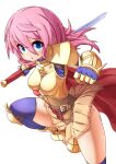  1girl alternate_color armor armored_boots bangs belt blue_eyes blue_shirt blue_thighhighs blush boobplate boots brown_belt brown_skirt cape commentary_request cross foot_out_of_frame gauntlets gold_armor hair_between_eyes highres holding holding_sword holding_weapon kneehighs long_hair looking_at_viewer lord_knight_(ragnarok_online) miniskirt ooyama_kina open_mouth pauldrons pink_hair ragnarok_online red_cape reverse_grip shirt shoulder_armor simple_background skirt socks solo spiked_gauntlets sword thighhighs v-shaped_eyebrows weapon white_background zettai_ryouiki 
