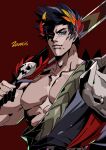  1boy azaya_(kuroi_azaya) black_hair closed_mouth green_eyes hades_(game) hand_up heterochromia high_contrast holding holding_sword holding_weapon laurel_crown light_smile looking_at_viewer male_focus muscular muscular_male no_shirt over_shoulder red_background red_eyes short_hair simple_background solo spiked_hair sword sword_over_shoulder upper_body weapon weapon_over_shoulder zagreus_(hades) 