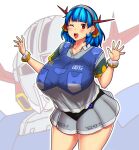  1girl absurdres blue_hair blush breasts collared_shirt copyright_request cowboy_shot erkaz gundam hairband hands_up highres huge_breasts mecha medium_hair mobile_suit_gundam one_eye_closed open_mouth original outline pleated_skirt red_eyes rina_atherina robot scrunchie shirt short_sleeves skirt solo white_outline wrist_scrunchie zeong 