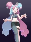  1girl bike_shorts blue_hair bow-shaped_hair character_hair_ornament formerly grey_pantyhose hair_ornament hexagon_print iono_(pokemon) long_hair low-tied_long_hair multicolored_hair open_mouth pantyhose pink_hair pokemon pokemon_(game) pokemon_sv solo very_long_hair 