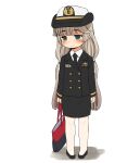  1girl alternate_costume bag bangs black_footwear black_jacket black_skirt blue_eyes blush buttons closed_mouth harukaze_unipo hat highres holding holding_bag jacket kantai_collection light_brown_hair long_hair long_sleeves low_twintails mikura_(kancolle) military military_uniform pencil_skirt shoes simple_background skirt solo standing twintails uniform white_background 