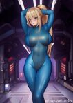  1girl arms_up aztodio bangs blonde_hair blue_bodysuit blue_eyes blush bodysuit breasts covered_navel large_breasts long_hair looking_at_viewer metroid ponytail samus_aran sidelocks solo thighs zero_suit 