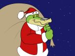  2021 alligator alligatorid anthro biped brok_(character) brok_the_investigator christmas christmas_clothing christmas_headwear clothing crocodilian green_body hat headgear headwear hi_res holidays humanoid_hands reptile santa_claus santa_hat scalie sobieniak solo video_games 