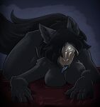  2022 absurd_res ambris anthro bed black_body black_fur black_hair blue_tongue bone breasts canid canine crotch_tuft featureless_breasts female fur furniture glowing glowing_eyes hair hi_res inner_ear_fluff long_hair looking_at_viewer malo mammal monster navel nude scp-1471 scp-1471-a scp_foundation shoulder_tuft skull skull_head solo tongue tongue_out tuft 