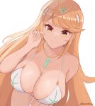  1girl absurdres artist_name bikini blonde_hair breasts cleavage dayman daymandraws gem hair_ornament headpiece highres jewelry large_breasts leaning_forward legs long_hair looking_at_viewer mythra_(xenoblade) nintendo shiny shiny_skin simple_background smile solo source_request swimsuit thighs tiara white_background white_bikini xenoblade_chronicles_(series) xenoblade_chronicles_2 yellow_eyes 