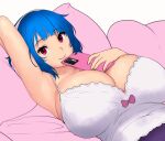  1girl arm_behind_head armpits blue_hair bow breasts camisole erkaz highres huge_breasts looking_at_viewer medium_hair original phone pillow purple_bow red_eyes rina_atherina smile solo unfinished veins veiny_breasts white_camisole 