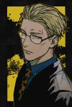  1boy alternate_eye_color animal_print blonde_hair blue_shirt collared_shirt formal glasses grey_suit grmms_otk jujutsu_kaisen leopard_print lips looking_at_viewer male_focus nanami_kento necktie red_eyes shirt short_hair suit upper_body yellow_necktie 