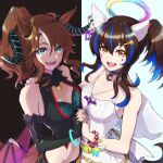  2girls :d ahoge animal_ears bangs bare_shoulders black_background black_gloves blue_background blue_choker blue_hair blue_nails blush breasts brown_hair choker cleavage collarbone commentary_request crescent daitaku_helios_(sunshine_angel)_(umamusume) daitaku_helios_(umamusume) days_in_a_flash_(umamusume) demon_wings dress elbow_gloves facial_mark fake_halo fake_wings fang fingerless_gloves fur-trimmed_gloves fur_trim gloves hair_between_eyes highres holding_hands horns horse_ears horse_girl horse_tail interlocked_fingers looking_at_viewer low_wings medium_breasts mejiro_palmer_(devil_in_the_moonlight)_(umamusume) mejiro_palmer_(umamusume) mini_wings multicolored_hair multiple_girls nail_polish orange_nails pink_wings ponytail sleeveless sleeveless_dress smile star_(symbol) streaked_hair tail tenkey2022 two-tone_background two-tone_hair umamusume white_dress white_wings wings 