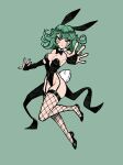 1girl :&lt; abottleofstars animal_ears bare_hips bare_shoulders blush bow bowtie breasts bridal_gauntlets curly_hair detached_collar fake_animal_ears fishnet_thighhighs fishnets green_background green_eyes green_hair highres looking_at_viewer medium_breasts medium_hair one-punch_man outstretched_arms playboy_bunny rabbit_ears rabbit_tail simple_background solo tail tatsumaki thighhighs 