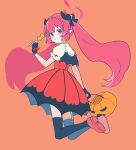  1girl :t bangs black_thighhighs blue_archive closed_mouth commentary_request dango dress eating food from_behind halloween halloween_bucket halo highres holding holding_food horns junko_(blue_archive) long_hair looking_at_viewer looking_back oh_(00oh_) orange_background pointy_ears puffy_short_sleeves puffy_sleeves purple_eyes red_dress red_footwear red_hair shoe_soles shoes short_sleeves simple_background solo thighhighs twintails very_long_hair wagashi 