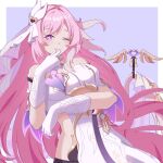  1girl bangs bare_shoulders breasts commentary_request dress elysia_(herrscher_of_human:ego)_(honkai_impact) elysia_(honkai_impact) gloves hand_up heart highres honkai_(series) honkai_impact_3rd long_hair looking_at_viewer medium_breasts multicolored_hair pink_hair purple_background purple_eyes ryuusan_(leuthan698) solo strapless strapless_dress symbol-shaped_pupils two-tone_background two-tone_hair very_long_hair white_background white_dress white_gloves 